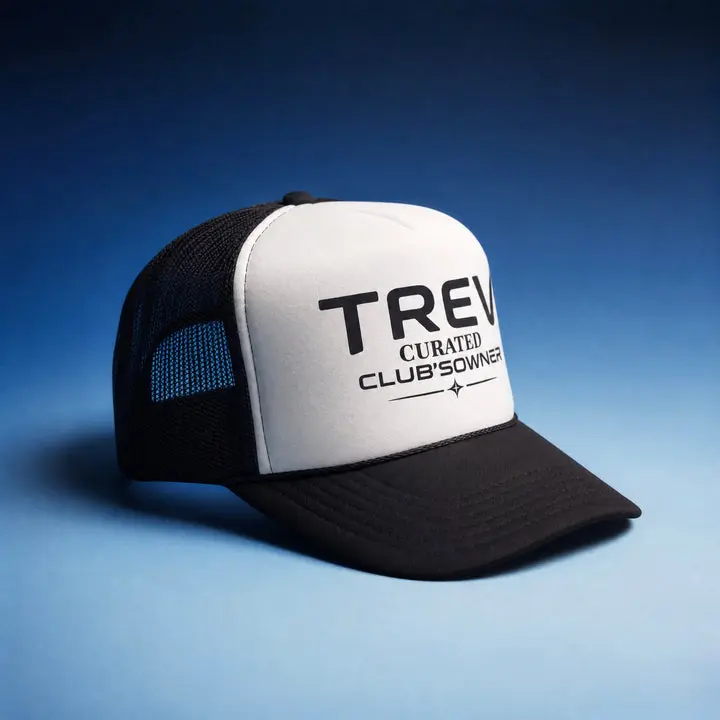 TREV Curated Club's Owner Trucker Cap with a Bold Letter Print, Breathable Mesh Back, and Adjustable Snap for Casual Everyday Wear, One Size Fits Most