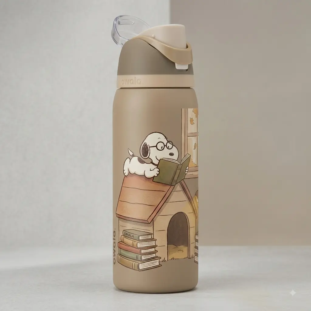 Official Owala FreeSip Insulated Water Bottle with Peanuts Reading Book Design