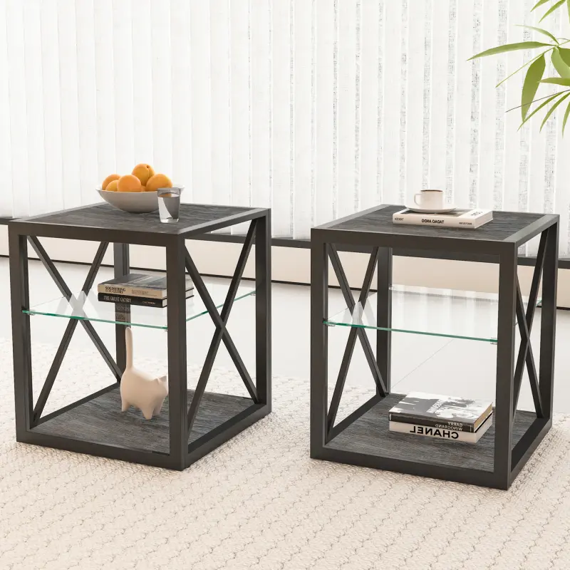 2-Piece Modern Industrial Square End Tables - 17.72"L x 17.72"W x 21.07"H, MDF & Metal Frame, Tempered Glass Top, Rustic Wood Grain MDF, 110lbs Capacity, Fully Assembled, Stable, Storage, Living Room/Bedroom Side Tables, 17.72"L * 17.72"W * 21.07"H