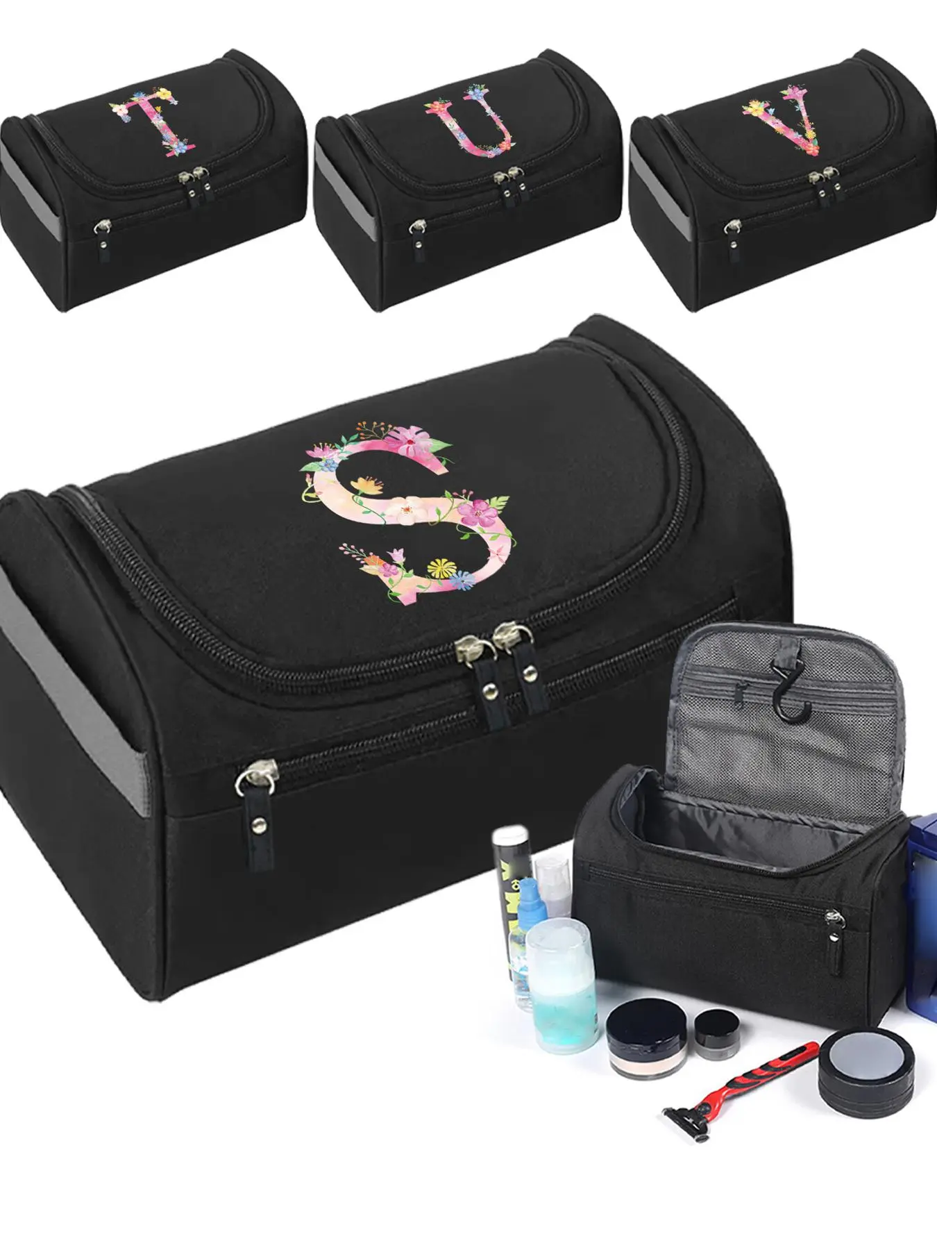 Floral & Letter Pattern Makeup Bag with Hanging Hooks, Zip, Travel Cosmetic Bag, Cosmetic Travel Bags, Toiletry Organizer, Wash Bag for Travel Toiletries Accessories, Travel Essentials