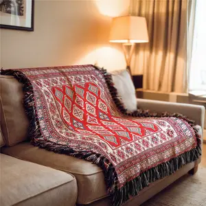 Red Geometry Pattern Bohemian Style Sofa Towel: Thick Soft, Yarn Woven Not Printed, Non Fading and Easy To Care, Can Be Used for Home Decoration Bed Chair Tapestry Tablecloth Floor Garden Picnic Travel Outdoor Camping Office Nap