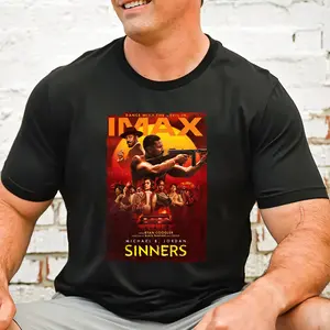 Sinners 2025 Horror Action Movie Shirt - Black Graphic Tee with "SINNERS" Text, 100% Cotton, Casual Style, Medium Size, Unisex Design - Fashion