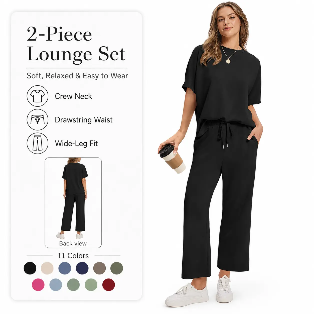 Women 2 Piece Lounge Set Short Sleeve Crew Neck Tops Drawstring Wide Leg Pants Outfits Soft Casual Loose Matching Sets with Pockets Comfort Loungewear Tracksuit for Daily Home Travel