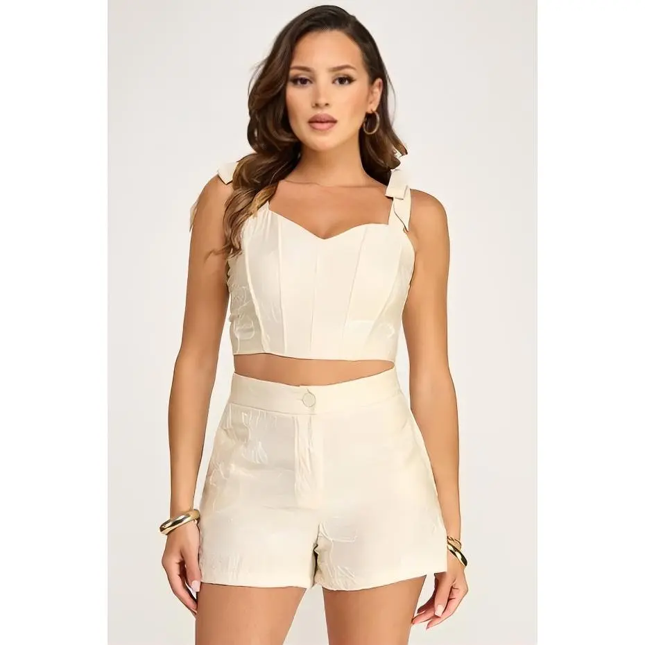 Elegant Beige Crop Top & High-Waisted Shorts Set for Women - Perfect for Casual & Stylish Outfits