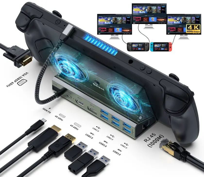 11-In-1 Expansion Dock, USB-C Docking Station With 4K@60Hz Output, 3*USB 3.0, 100W PD Charging, VGA, RJ45 Gigabit Ethernet, Base Dock For ROG Ally Handheld Gaming Console Compatible With Steam Deck