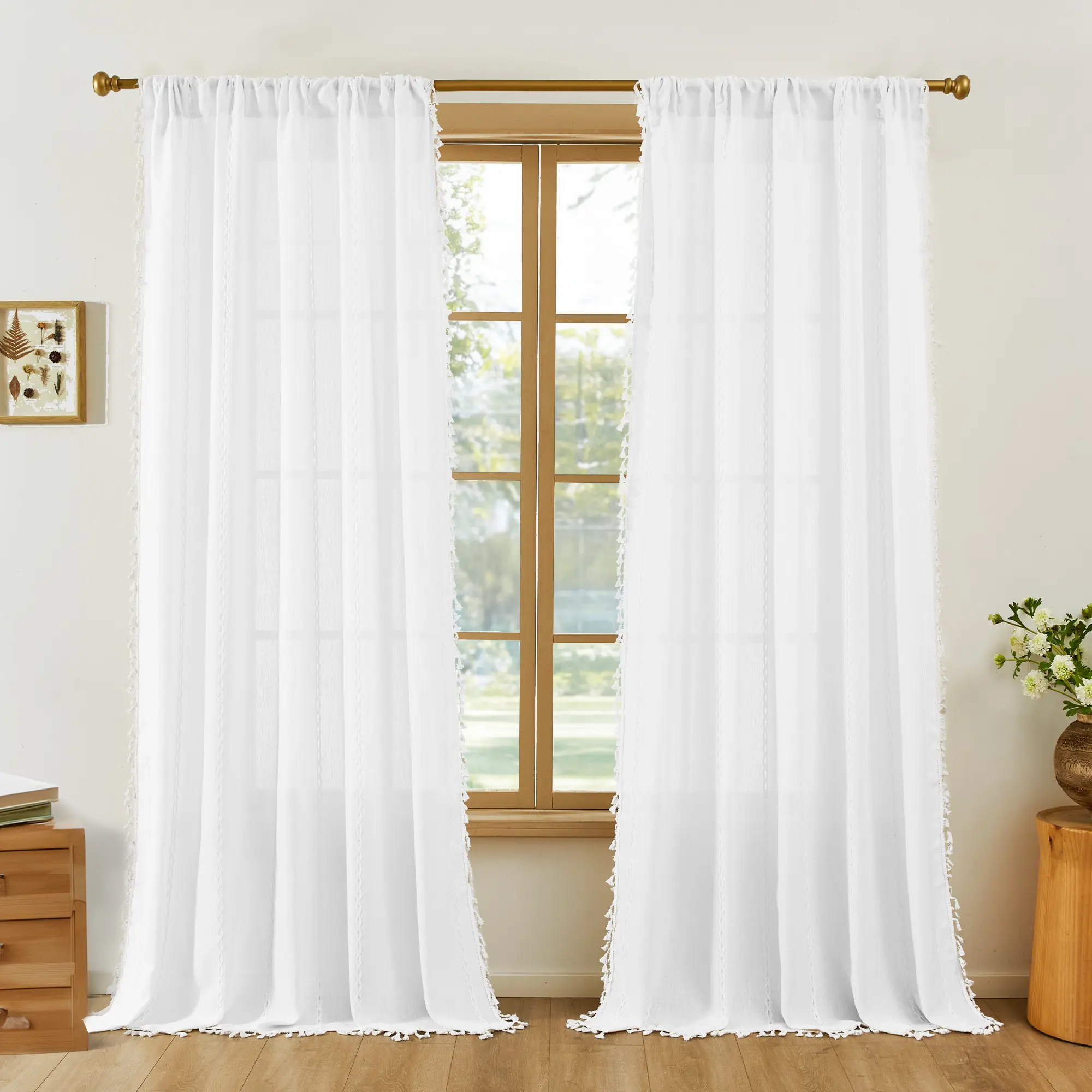 Deconovo Textured Sheer Curtains with Ruffled Trim, Light Filtering Window Drapes for Bedroom and Living Room