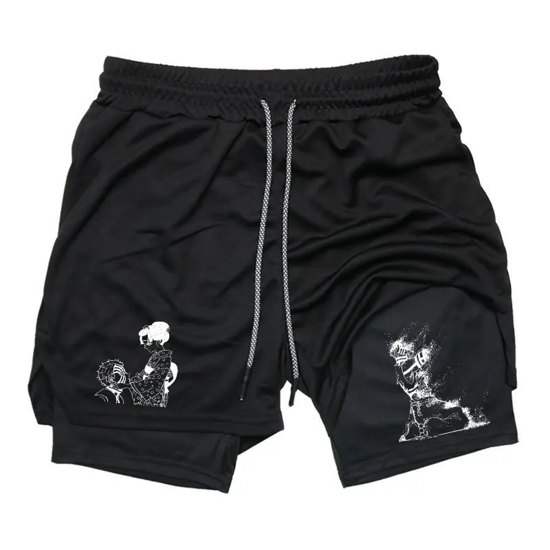 Demon Slayer Tanjiro & Mitsuri Black White Line Art Men's Streetwear 2-in-1 Shorts Sweat Shorts with Anime Ninja Graphic Print Drawstring Waist Casual Summer Shorts for Men Trendy Drip Clothing