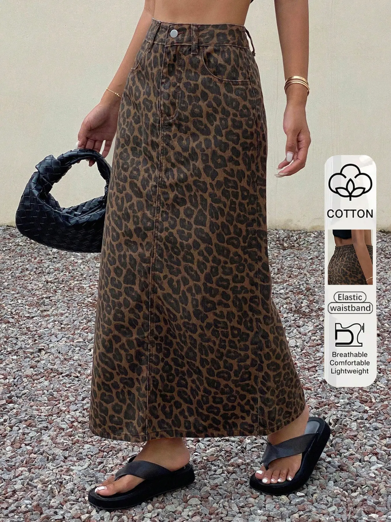 Women's Leopard Print Long Dress, Casual Fitted High Waist Elastic Button Fly Design Style, Button Closure, All-Season Wearable Fashion, Perfect for Daily & Occasions, Skirt, Bottom, Clothes