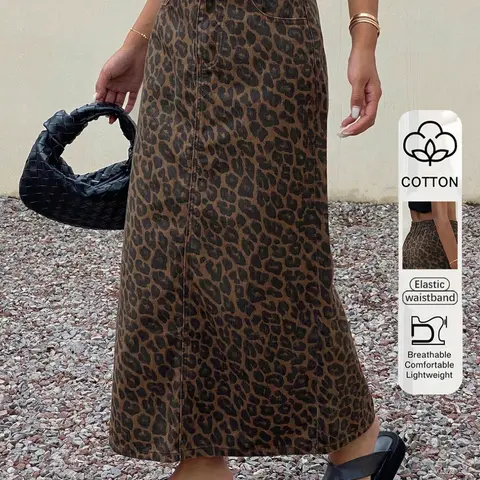 Women's Leopard Print Long Dress, Casual Fitted High Waist Elastic Button Fly Design Style, Button Closure, All-Season Wearable Fashion, Perfect for Daily & Occasions, Leopard Pattern, Skirt, Bottom