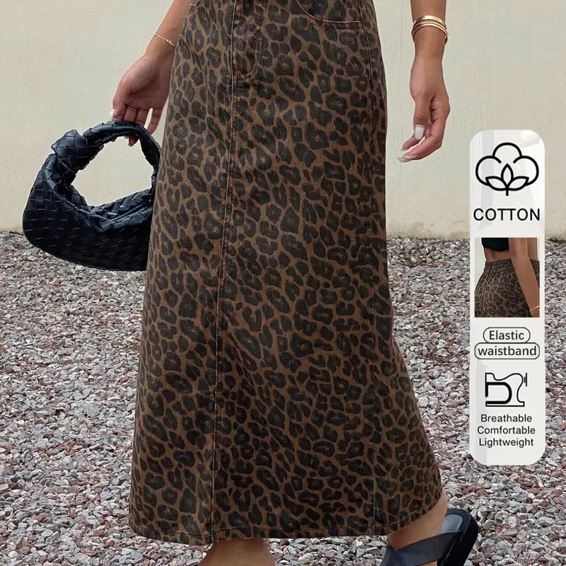 Women's Leopard Print Long Dress, Casual Fitted High Waist Elastic Button Fly Design Style, Button Closure, All-Season Wearable Fashion, Perfect for Daily & Occasions, Leopard Pattern, Skirt, Bottom