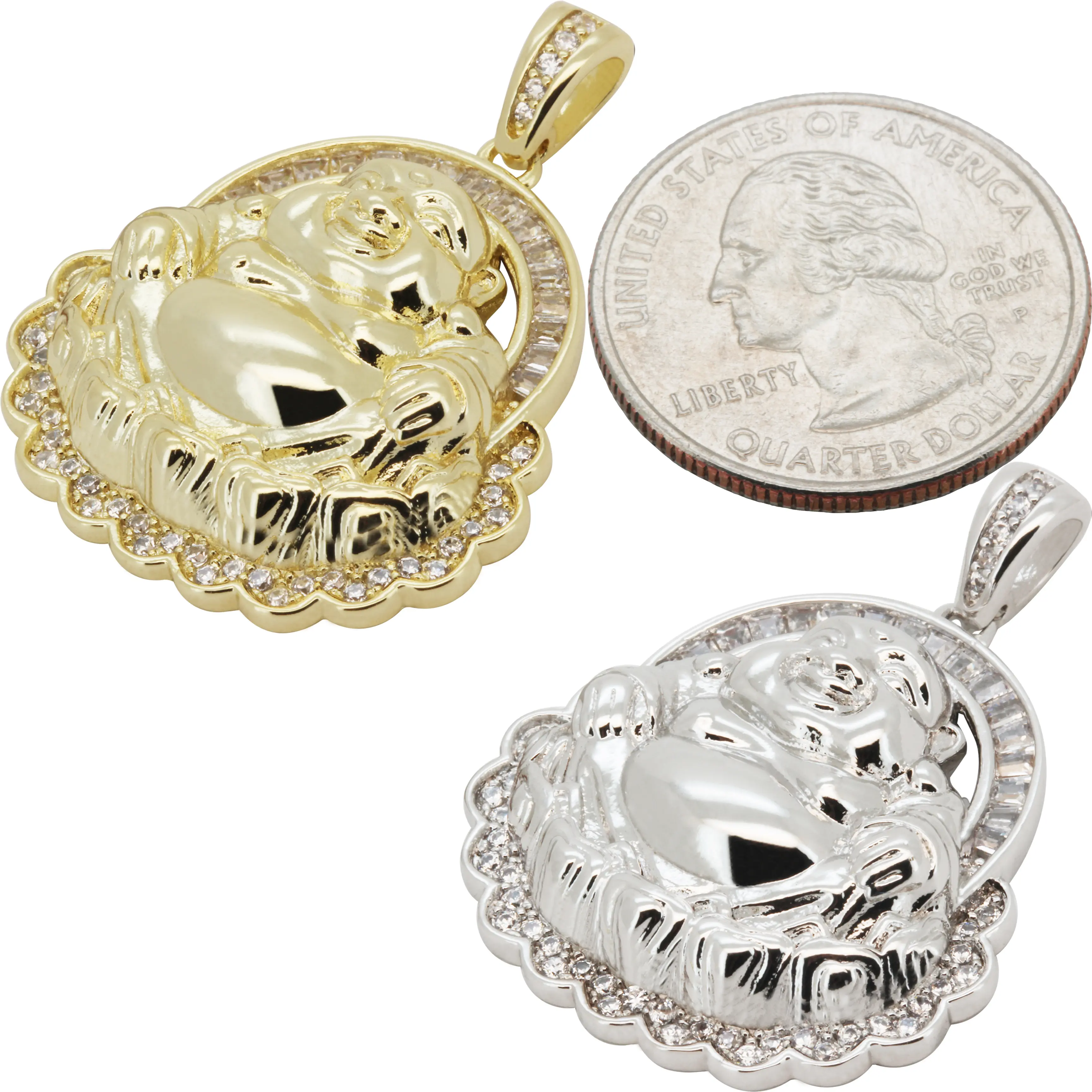 14k Yellow/White Gold Plated AAA Cubic Zirconia Laughing Buddha Pendant