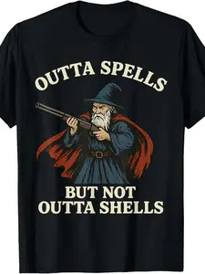Outta Spells But Not Outta Shells Wizard Fantasy Meme T-Shirt | Fashion Boutique, Casual Wear, Crew Neck, Vintage Style, Regular Fit, Slight Stretch Fabric, Drawing Pattern, Perfect for Adults