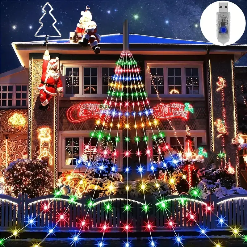 180 LED USB Powered Color Changing Waterfall Twinkle Lights String, Indoor Outdoor Christmas Tree Garden Bedroom Party Decoration, Tacky Christmas Decor, Holiday Decor, Festive Decoration, Plug & Play No Batteries Needed