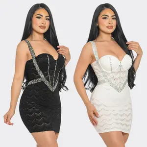 Rhinestone Lace Mini Dress - Black & White Bodycon Party Dress with Sweetheart Neckline & Sparkling Rhinestone Straps for Summer Events