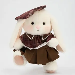 Getahug Retro Red-Brown Plaid Skirt Jointed Bunny Fluffy Stuffed Toy, Handmade Stuffed Animal Gift for Kids, Fluffy Stuffed Toys