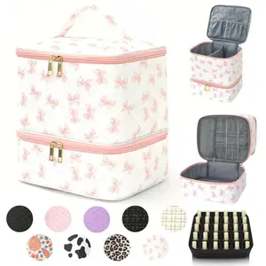 Double Layer Portable Nail Polish Organizer Bag Quilted Water-Resistant Storage Design Handheld Cosmetic Pouch Zip Chic Travel Case for Manicure Tools & Accessories Lightweight & Easy-Clean Nylon Girlfriend Gift Makeup Case Jewelry Organizer Box Nail Lamp