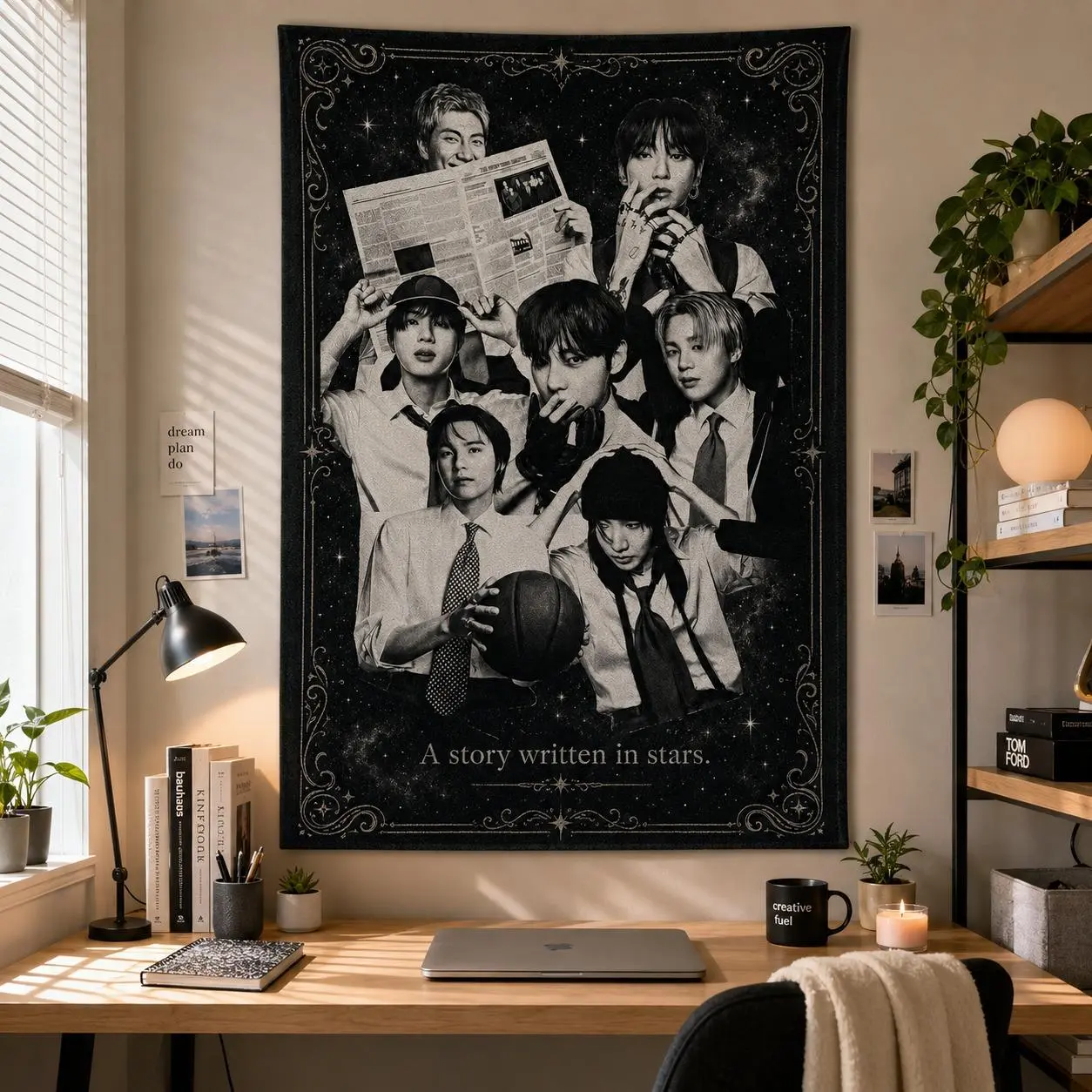 Kpop Vintage Gothic Tapestry Wall Hanging, Kpop Band Fan Room Decor, Dark Academia Aesthetic Bedroom Tapestry, Korean Music Inspired Wall Art, Dorm Decor, Concert Fan Collection, Army Inspired Gift, Celestial Room Decoration