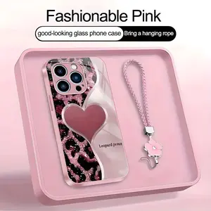 Suitable for [iPhone 15 Pro] high-end phone case，a beautiful four-leaf clover lanyard is included,simple leopard print heart pattern,a variety of colors are available for you to choose from YM99