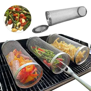 Round Barbecue Basket Stainless Steel Rolling Grill Basket Cookware BBQ Assesories