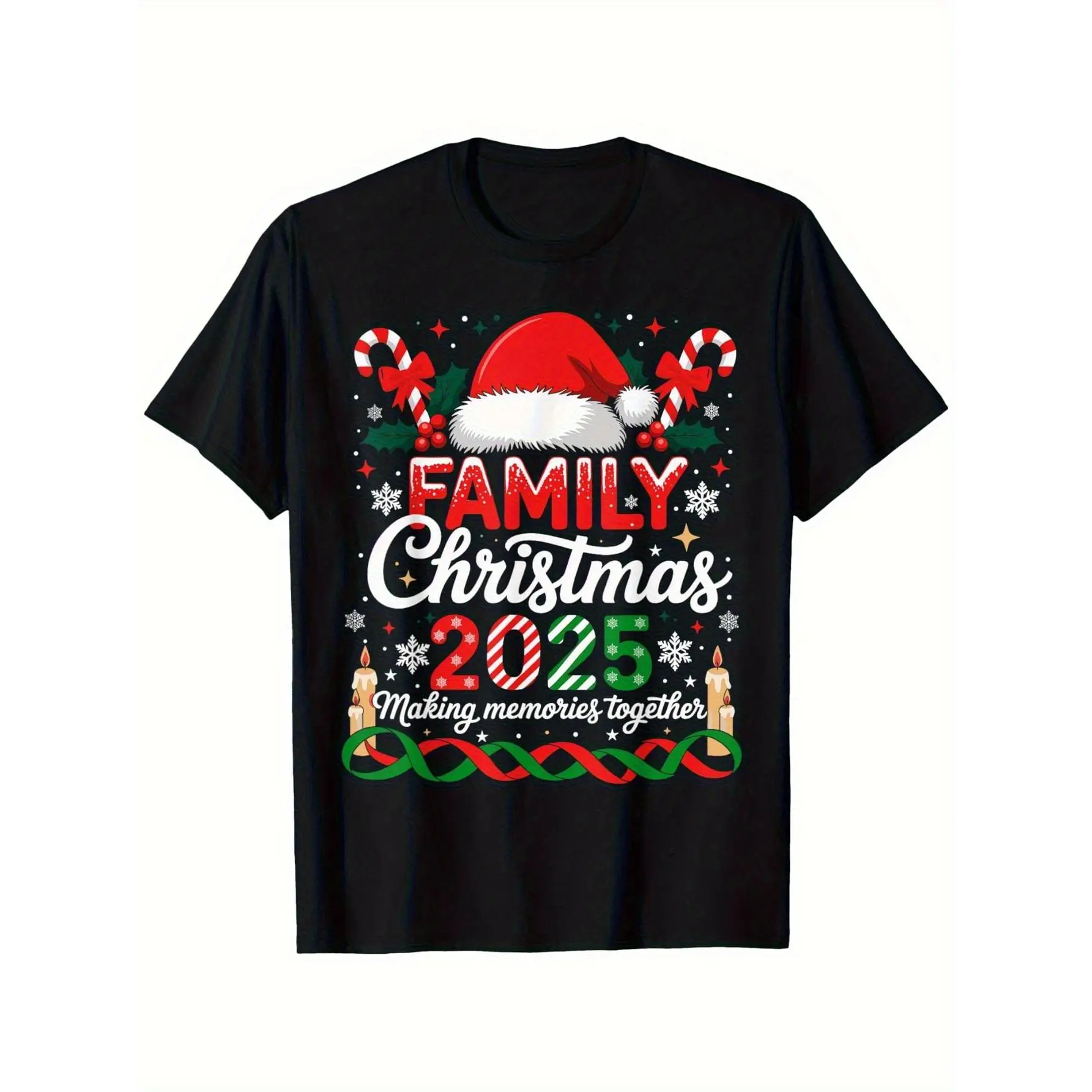 2025 Family Christmas T-Shirt Set - Men's and Women's 100% Crew Neck T-Shirt with Festive Santa Hat and Snowflake Print, Red and Green Holiday Design, Casual Short Sleeve T-Shirt, Suitable for Couples, Friends, Family - Christmas, Halloween, Thanksgiving,