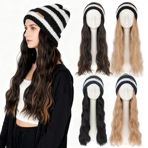18" Braided Hat Wig Beanie with Long Wavy Hair Extensions Knitted Ribbed Hat Attached Curly Synthetic Hairpiece Elegant Black Striped Handmade Woven Wig Cap for Women Autumn Winter Warm Hat Brown Blonde Hair Christmas Gifts