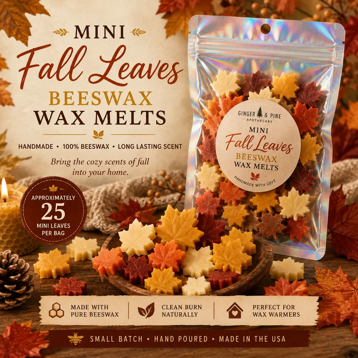 Mini Fall Leaves Wax Melts | Handmade Beeswax Melts