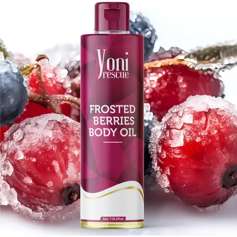Frosted Berries Body Oil, 4oz, with Apricot, Jojoba, Avocado Oils & Vitamin E Oil, Fast-Absorbing, Nourishes and Hydrates Skin, Body Care, Berry Fragrance Moisturizer by Yoni Rescue layer fragrance Hydrating Lightweight
