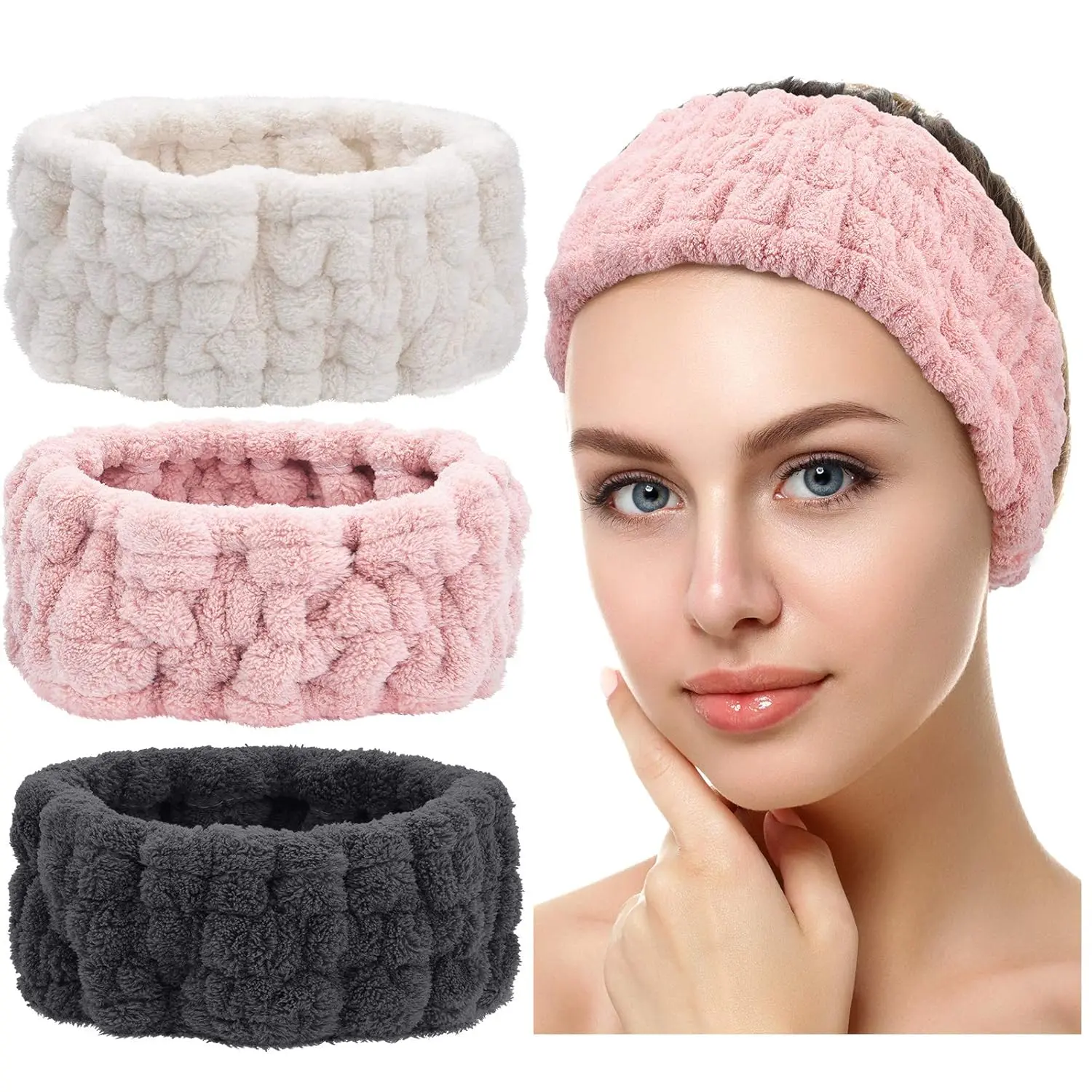3 count  Headband for Women Facial Makeup Headband Soft Terry Cloth Hairband for Washing  Mask  Shower Gifts(Pink, Milky-White, Dark Grey)