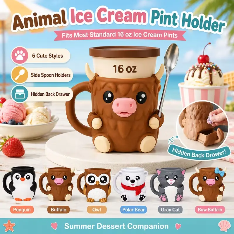 16 oz Ice Cream Pint Holder with Handle, 2 Spoon Slots & Hidden Storage Drawer, 3D Printed Cute Animal Pint Cozy, Reusable Dessert Container Sleeve, 6 Styles, Gift for Ice Cream Lovers, Movie Night & Party Accessory
