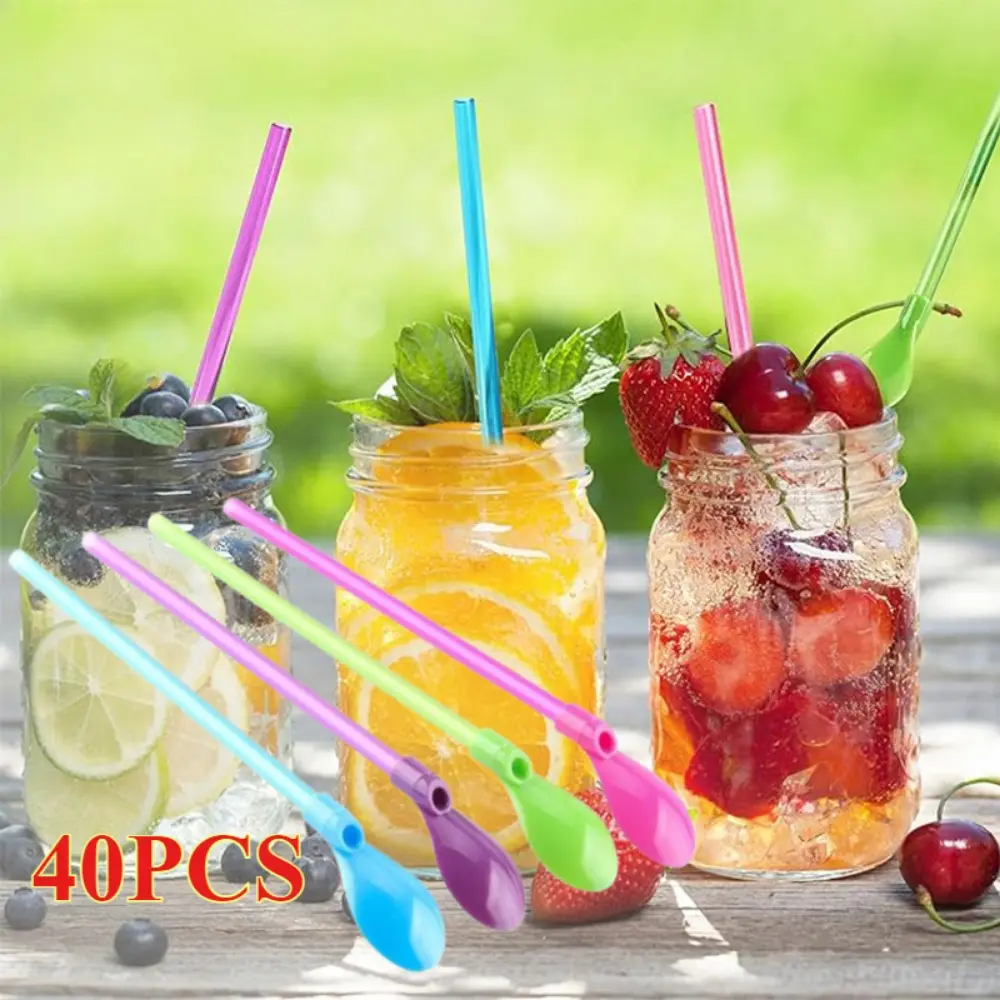 40-Pack Sturdy Colorful 2-in-1 Plastic Drinking Straw Utensils, Reusable Detachable for Smoothies & Hot Drinks
