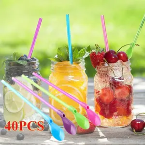 40 Pack 2 in 1 Colored Straw Spoons, Plastic Straw Spoons, Reusable Detachable for Smoothies, Milkshakes, Cocktails, Coffee & Hot Drinks