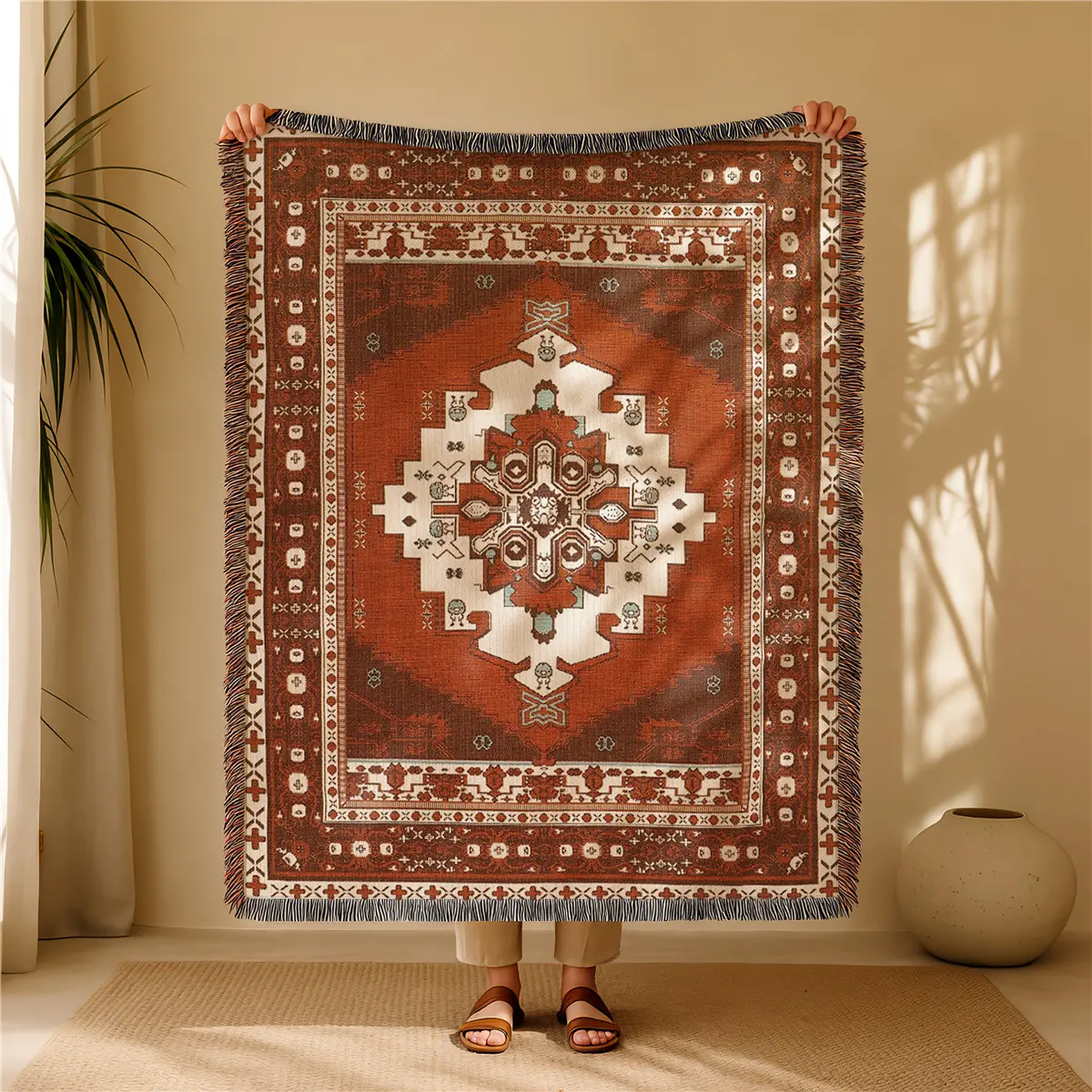 Ethnic-style Diamond Geometric Pattern Bohemian Yarn Jacquard Woven Blanket with Tassel, Throw Blanket, Cozy Blanket, Thick Soft Washable Blanket, Decorative Blanket, Home Decor, Sofa, Chair, Bed, Outdoor Camping