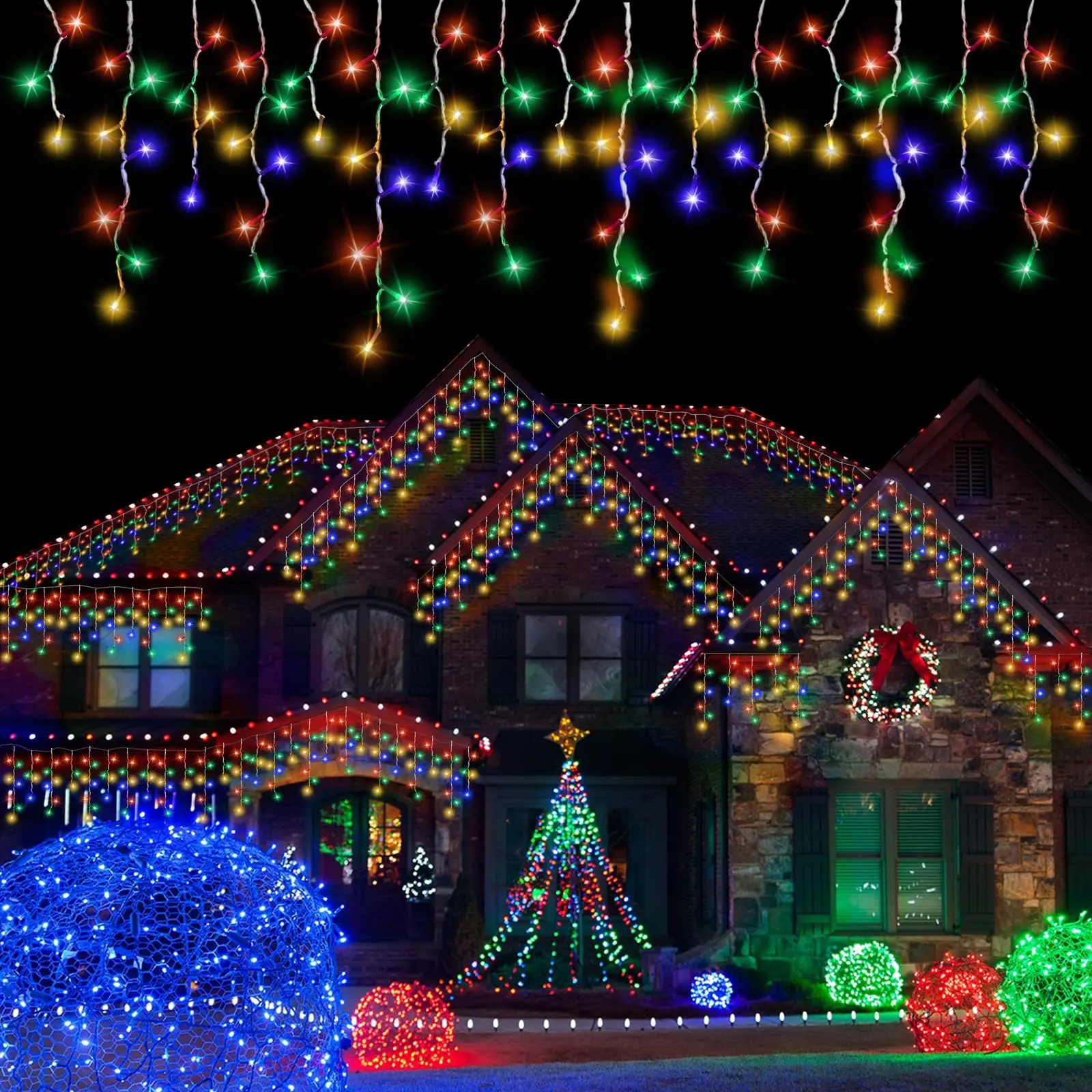 PEMOTech 32.8FT 432 LED Valentine Icicle Lights with Remote 8 Modes Timer Waterproof Connectable for Outdoor/Valentine Decorations Multicolor
