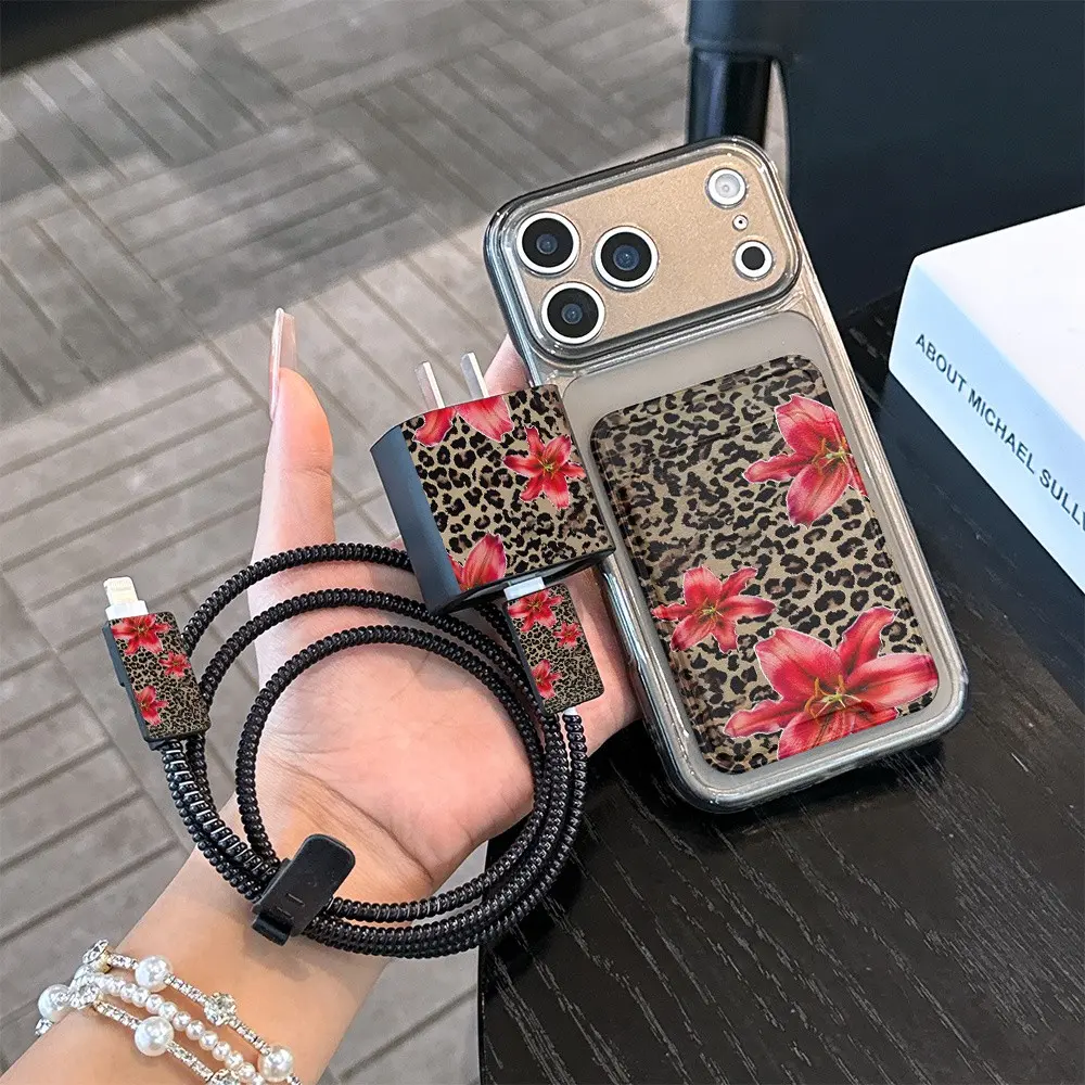 7-Piece Set Leopard Pattern Phone Case, Card Holder, Charger Sleeve, Cable Protector, Data Line Organizer, Shockproof for iPhone 11-16 Pro Max
