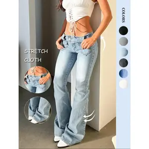 Women's retro style elastic denim pants - low waist, double button closure, with flap pocketsRAIMENTRY