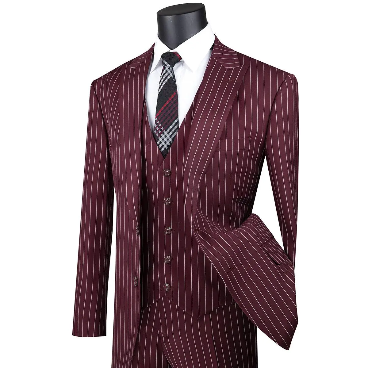 Mens Vested Bold Gangster Pinstripe Suit in Burgundy