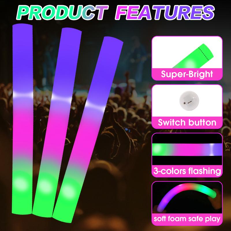 100Pack LED Foam Sticks Multi-Color Glow Sticks with 3 Flash Modes Battery-Powered High-Reflective Polymer for Parties Music Festivals Graduations Halloween Favors New Year Wedding Carnival Camping Party Decoration Gifts for Birthday Anniversary Plastic