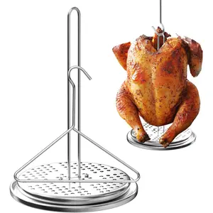 Turkey Fryer Stand with Handle Lifter Hook Kit, Stainless Steel Chicken Poultry Vertical Roaster and Perforated Holder Base Accessories for Outdoor Turkey Deep Fryer Pot BBQ Oven