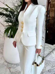 Solid Color Single-breasted Blazer & High-waisted Pants Set