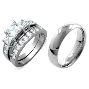 3 PCS Couple Womens Princess Cut CZ Silver Stainless Steel Wedding Ring set with Mens Matching Band
