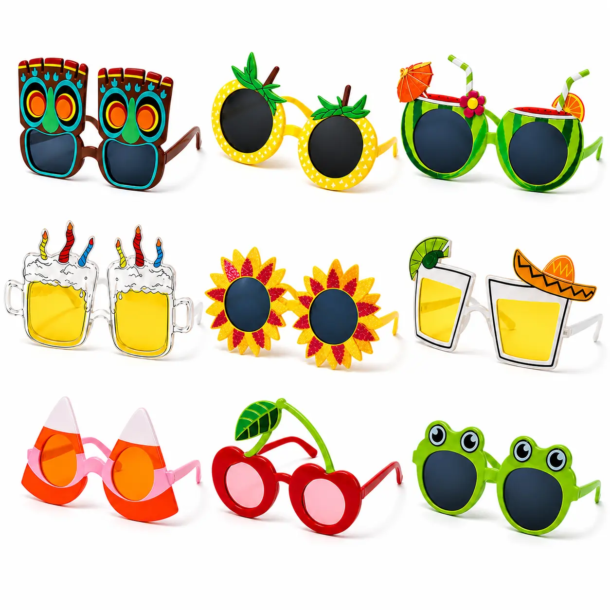 9 Pack Funny Party Sunglasses Bulk, Assorted Novelty Glasses Set with Pineapple Tiki Watermelon Beer Mug Sunflower Margarita Cherry Frog, Photo Booth Props for Summer BBQ Pool Party, Bachelorette Birthday Party Favors for Adults Teens