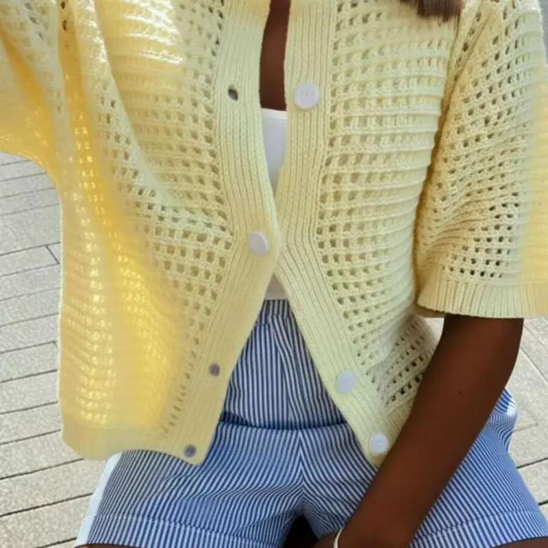 Women's Hollow Out Short Sleeve Knit Cardigan Knitwear Summer New Casual Round Neck Lightweight Top Unique Design Dopa Color Breathable High-End Shirt