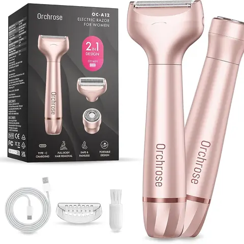 Orchrose Women's 2-in-1 Trimmer & Razor Kit with Brush, Painless Multifunctional Rechargeable Body Facial Shaver Machine, Portable Rose Gold Personal Care Appliance