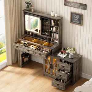 MIUvanity Farmhouse Vanity Desk with Sliding Mirror & Lights, Glass Top Dressing Table with Jewelry Storage, 60" W Large Makeup Vanity Set with 6 Drawers, 10 Shelves Adjustable, Dark Rustic Oak