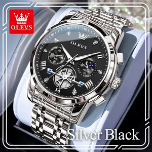 OLEVS 2856 Men’s Stylish Quartz Watch - Black Dial with Roman Numerals, Chronograph, 24-Hour Indicator, Glow-in-the-Dark, Self-Luminous, Waterproof, Luxury Formal Wear Timepiece for Teens, Glow-In-The-Dark Quartz Watches, Self-Luminous Quartz Watches