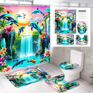 4pcs Tropical Dolphin Shower Curtain Set with Waterfall and Sunset Scenic Design, Vibrant Bathroom Decor Featuring Palm Trees and Exotic Flowers, Includes Coordinated Toilet Seat Cover and Bath Mats for Festive Summer Ambiance