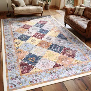 Bohemian Style Rug, Vintage Print Rug, Machine Washable, Non-Slip, Suitable For Western Decoration, Dining Room, Living Room, Bedroom, Gift Giving, Holiday Decoration, Home Decoration, 4x6, 5x8, 6x9 Feet, Blue/Orange, Coffee, Gray/Yellow, Blue