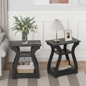 3 Tier End Table with Built‑in Charging – Modern Curved Side Table with USB, Type‑C & AC Outlets, Storage Shelf for Living Room, Bedroom or Home Office