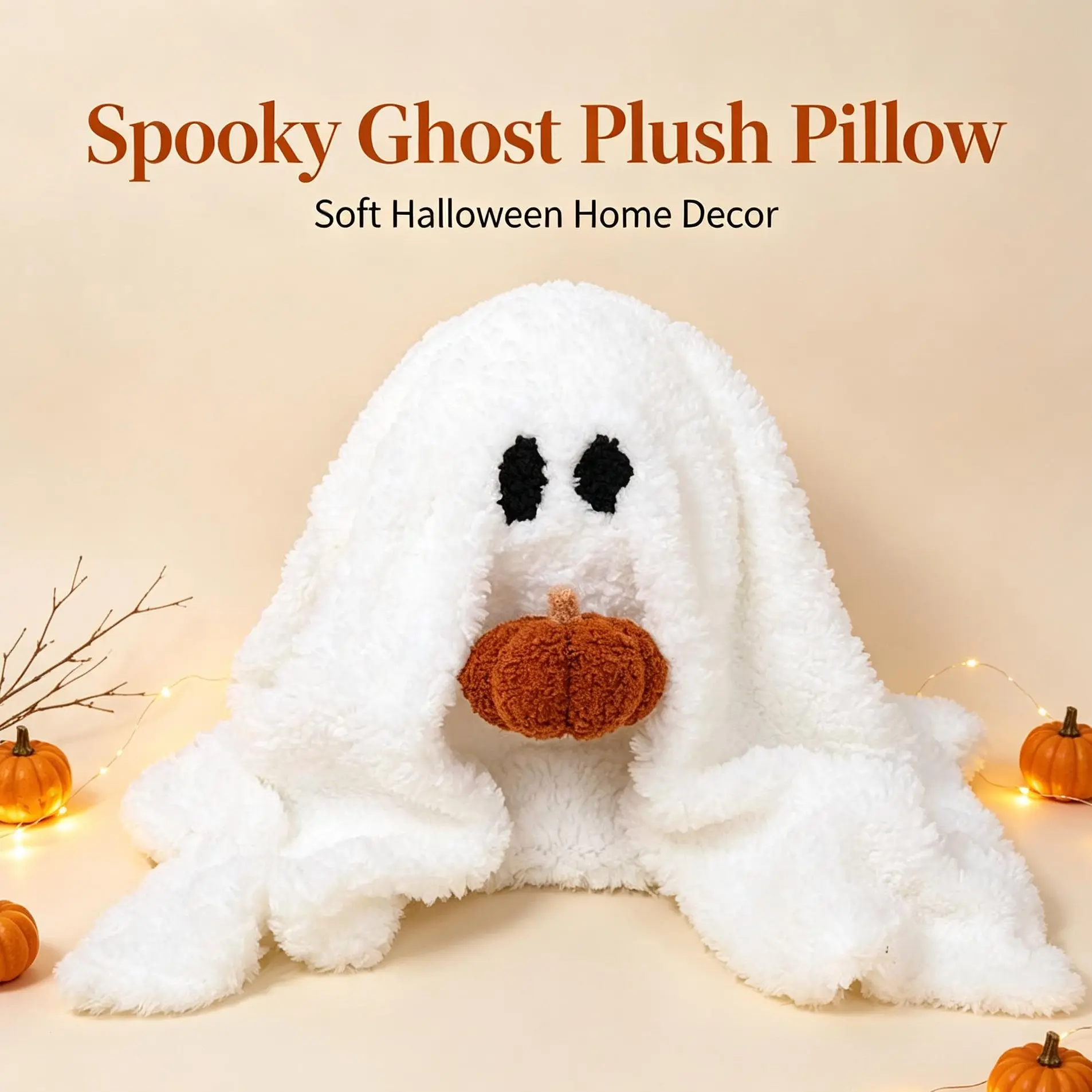 Spooky Ghost Plush Pillow - Full Shape, PP Cotton Round Ball, Pumpkin Design, Soft Cozy Halloween Festive Decor for Couch, Fall Room Gift for Dorm Users, Classic