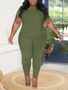 Summer Women's Basic Essential Two-Piece Set, Fitted Plain Pattern, Casual Summer, Spring & Fall Fashion, Large Size Available, Outfit